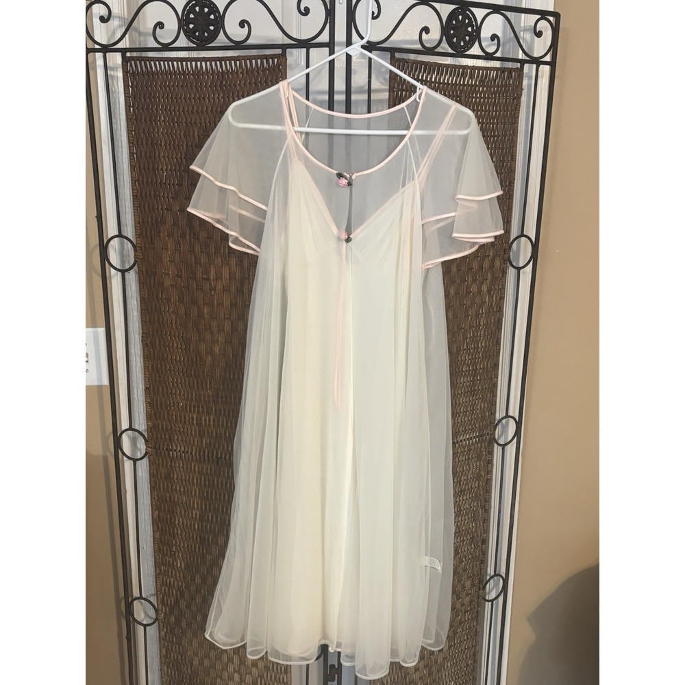 VTG Sears Sheer Peignoir Set M White w Pink Made in USA Coquette Bridal Fairy